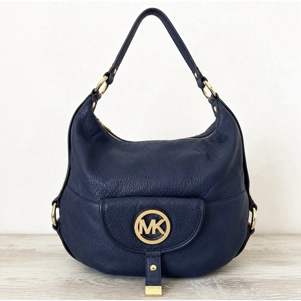 Michael Kors Fulton Large Hobo Shoulder Bag Navy Blue Pebbled Leather Gold MK